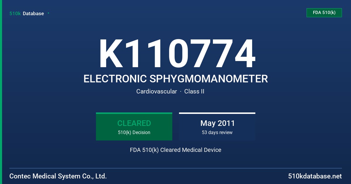 K110774 ELECTRONIC SPHYGMOMANOMETER FDA 510(k) Cleared Medical Device