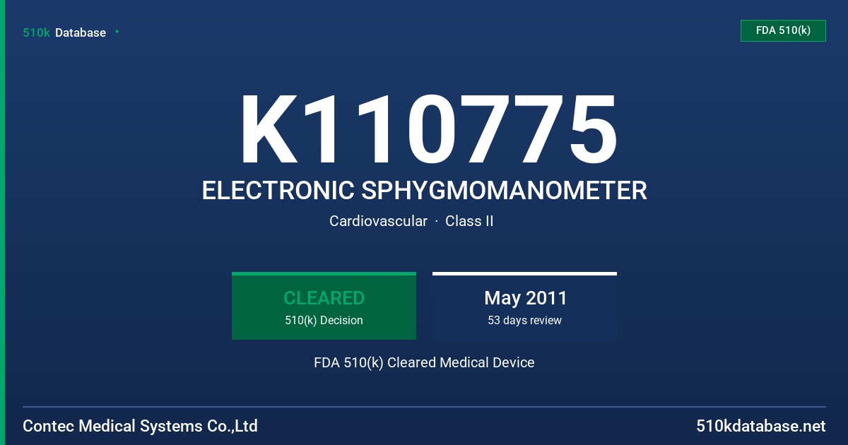 K110775 ELECTRONIC SPHYGMOMANOMETER FDA 510(k) Cleared Medical Device