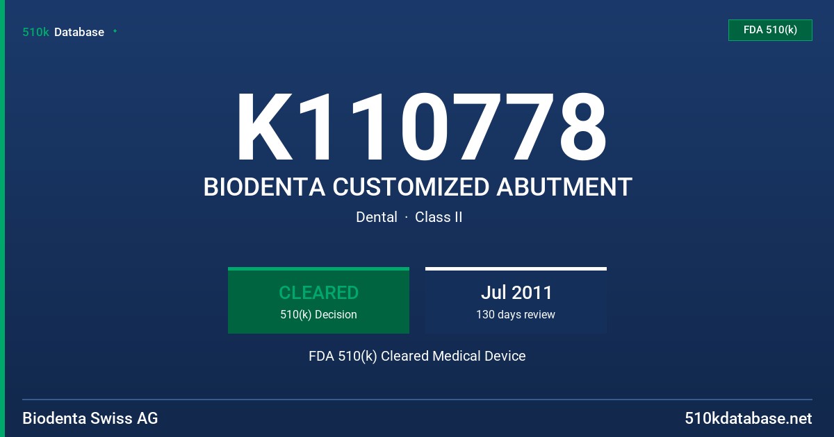 K110778 BIODENTA CUSTOMIZED ABUTMENT FDA 510(k) Cleared Medical Device