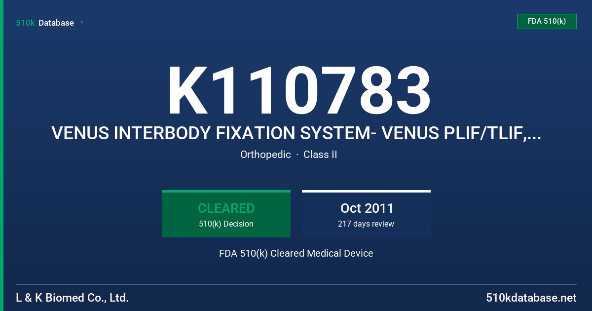 K110783 VENUS INTERBODY FIXATION SYSTEM- VENUS PLIF/TLIF, ALIF PEEK CAGE FDA 510(k) Cleared Medical Device