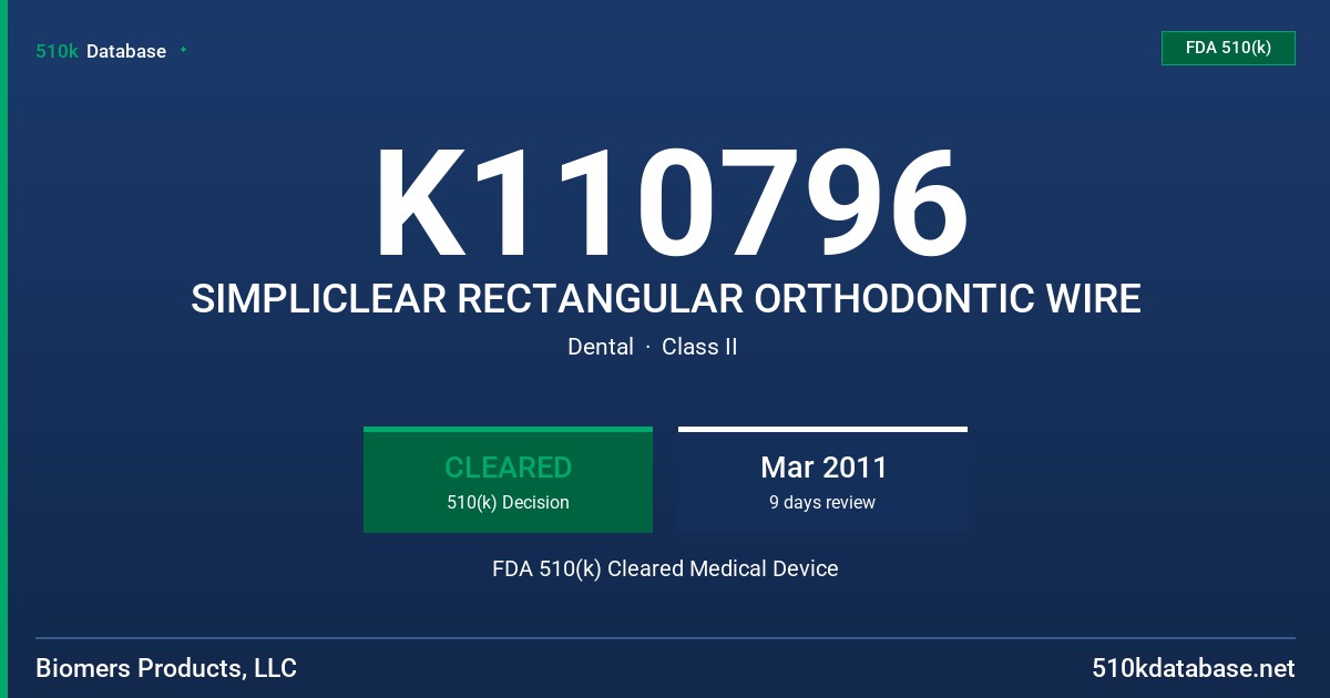 K110796 SIMPLICLEAR RECTANGULAR ORTHODONTIC WIRE FDA 510(k) Cleared Medical Device