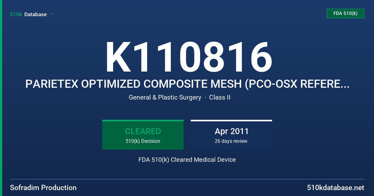 K110816 PARIETEX OPTIMIZED COMPOSITE MESH (PCO-OSX REFERENCES) FDA 510(k) Cleared Medical Device