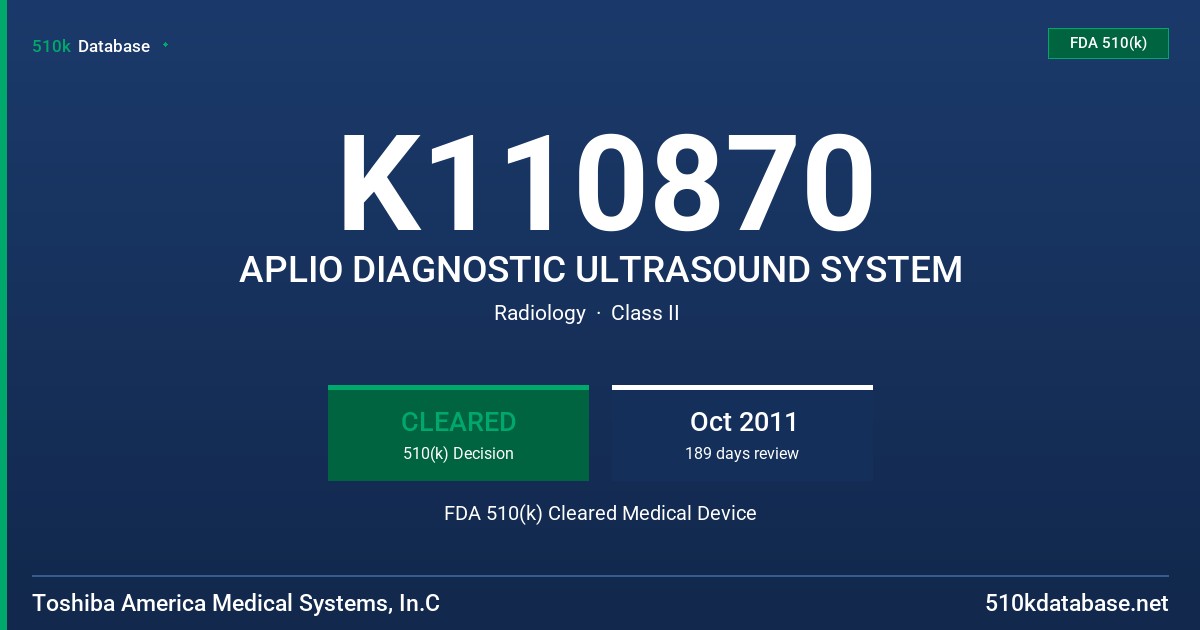 K110870 APLIO DIAGNOSTIC ULTRASOUND SYSTEM FDA 510(k) Cleared Medical Device