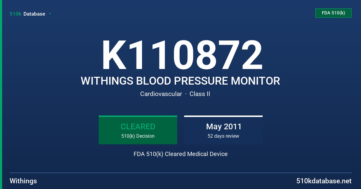 K110872 WITHINGS BLOOD PRESSURE MONITOR FDA 510(k) Cleared Medical Device