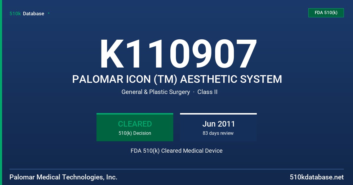 K110907 PALOMAR ICON (TM) AESTHETIC SYSTEM FDA 510(k) Cleared Medical Device