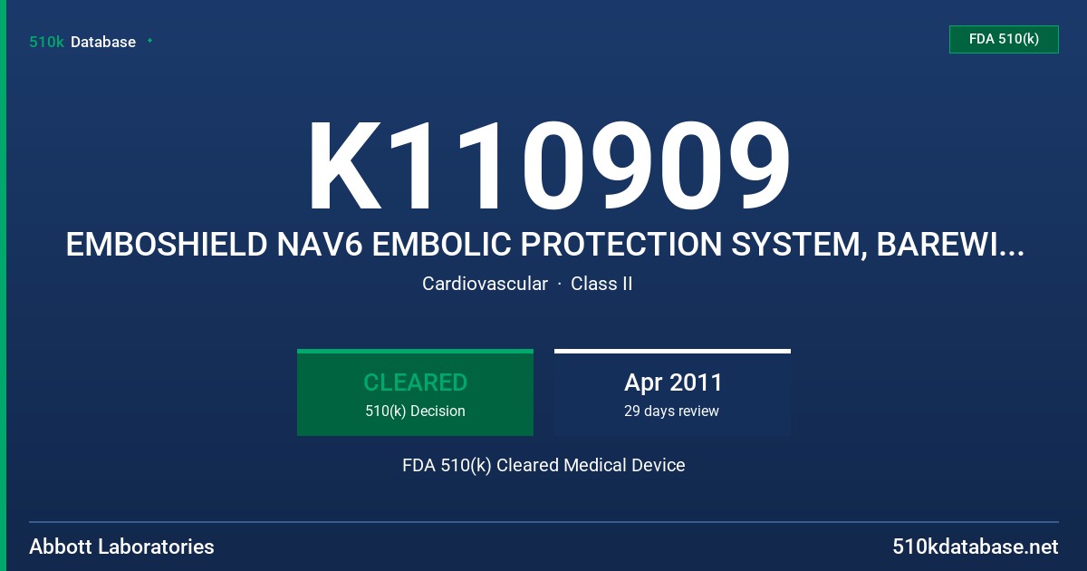 K110909 EMBOSHIELD NAV6 EMBOLIC PROTECTION SYSTEM, BAREWIRE FILTER DELIVERY WIRE-WORKHORSE-190CM / 315CM, BAREWIRE FILTER DEL.. FDA 510(k) Cleared Medical Device