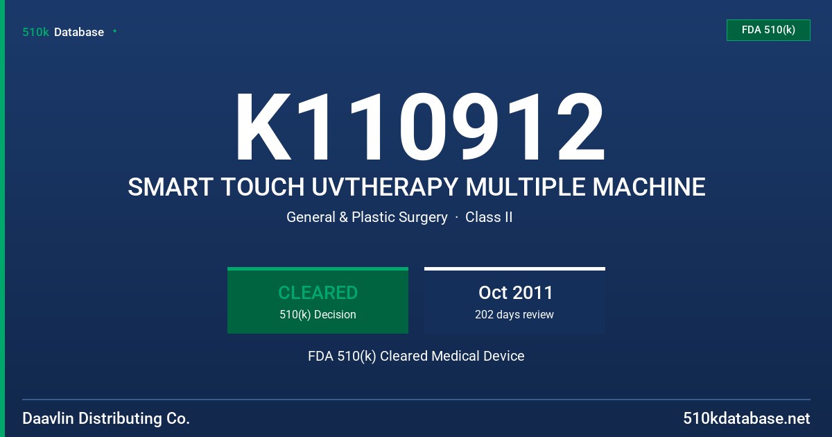 K110912 SMART TOUCH UVTHERAPY MULTIPLE MACHINE FDA 510(k) Cleared Medical Device