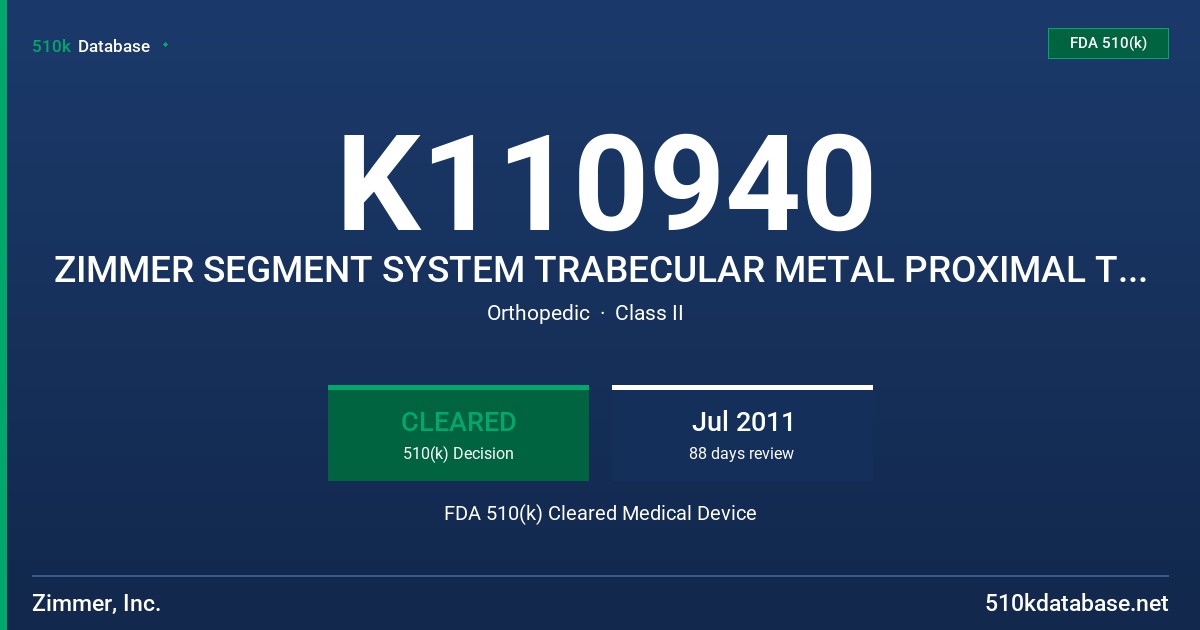 K110940 ZIMMER SEGMENT SYSTEM TRABECULAR METAL PROXIMAL TIBIAL COMPONENT, TRABECULAR METAL PROXIMAL COMPONENT, ADDITIONAL SEGMEN FDA 510(k) Cleared Medical Device