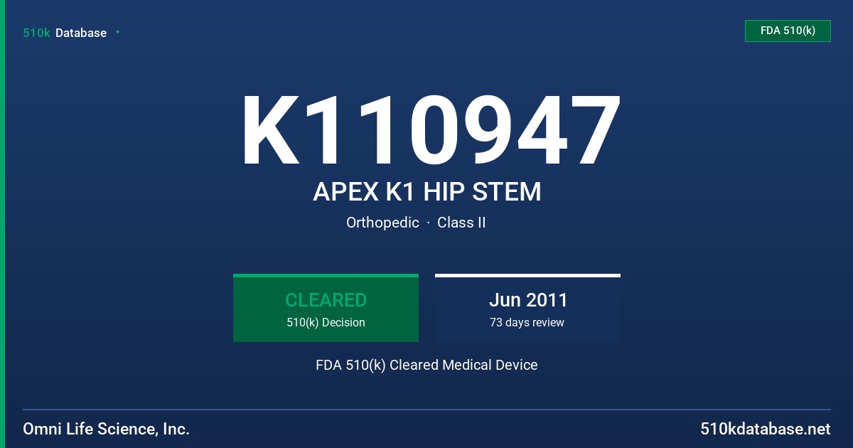 K110947 APEX K1 HIP STEM FDA 510(k) Cleared Medical Device