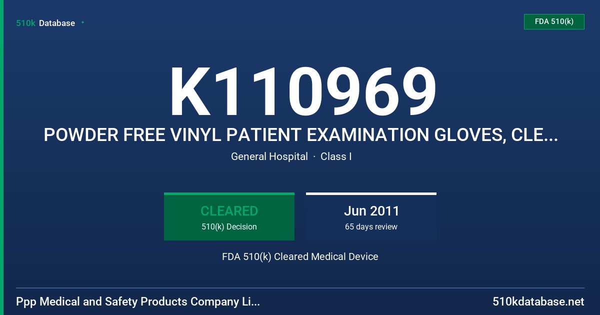 K110969 POWDER FREE VINYL PATIENT EXAMINATION GLOVES, CLEAR (NON-COLORED) FDA 510(k) Cleared Medical Device