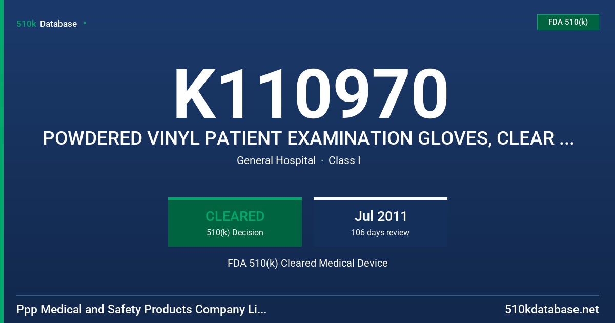 K110970 POWDERED VINYL PATIENT EXAMINATION GLOVES, CLEAR (NON-COLORED) FDA 510(k) Cleared Medical Device