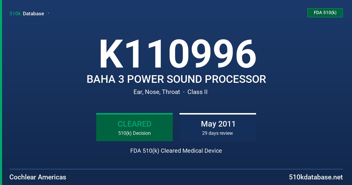 K110996 BAHA 3 POWER SOUND PROCESSOR FDA 510(k) Cleared Medical Device