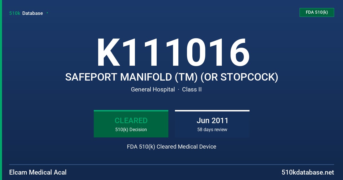 K111016 SAFEPORT MANIFOLD (TM) (OR STOPCOCK) FDA 510(k) Cleared Medical Device