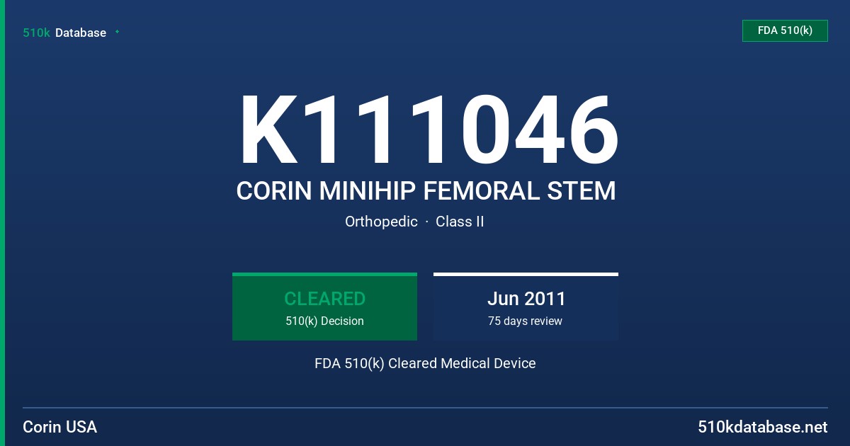 K111046 CORIN MINIHIP FEMORAL STEM FDA 510(k) Cleared Medical Device