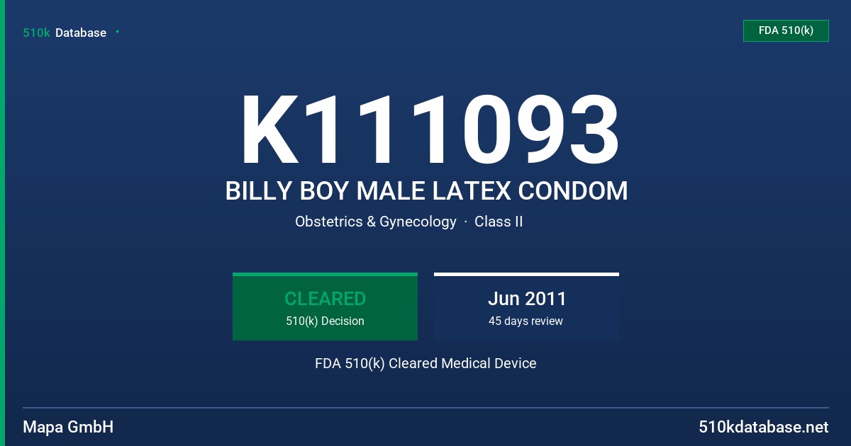 K111093 BILLY BOY MALE LATEX CONDOM FDA 510(k) Cleared Medical Device