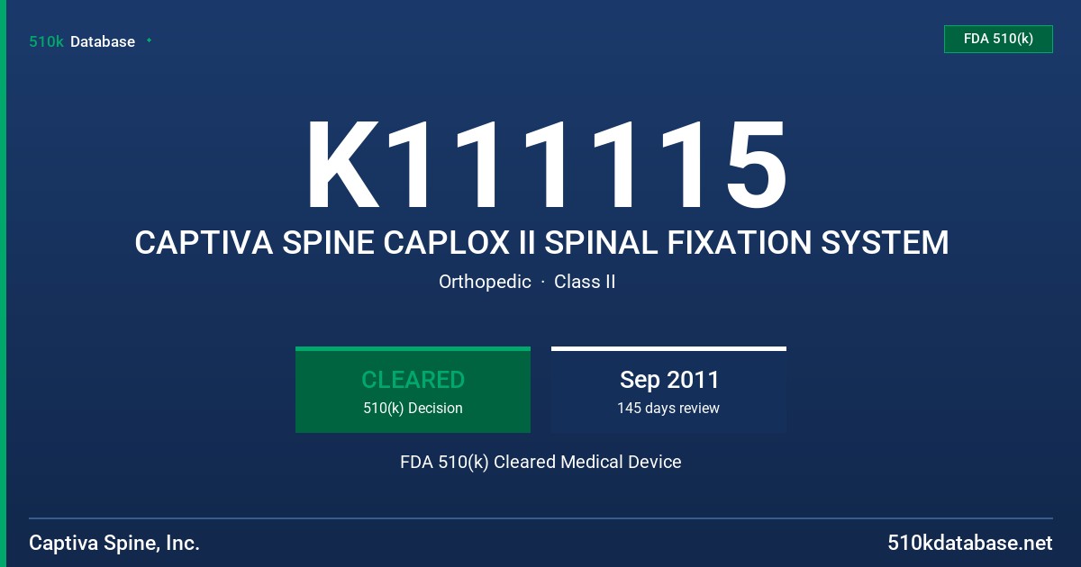 K111115 CAPTIVA SPINE CAPLOX II SPINAL FIXATION SYSTEM FDA 510(k) Cleared Medical Device