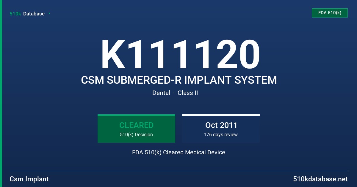 K111120 CSM SUBMERGED-R IMPLANT SYSTEM FDA 510(k) Cleared Medical Device