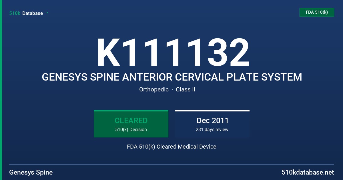 K111132 GENESYS SPINE ANTERIOR CERVICAL PLATE SYSTEM FDA 510(k) Cleared Medical Device