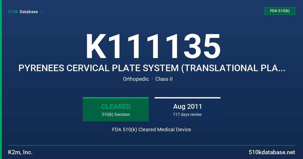K111135 PYRENEES CERVICAL PLATE SYSTEM (TRANSLATIONAL PLATES) FDA 510(k) Cleared Medical Device