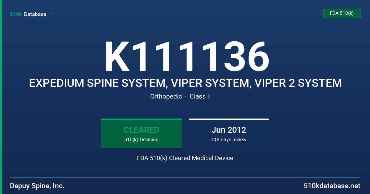 K111136 EXPEDIUM SPINE SYSTEM, VIPER SYSTEM, VIPER 2 SYSTEM FDA 510(k) Cleared Medical Device