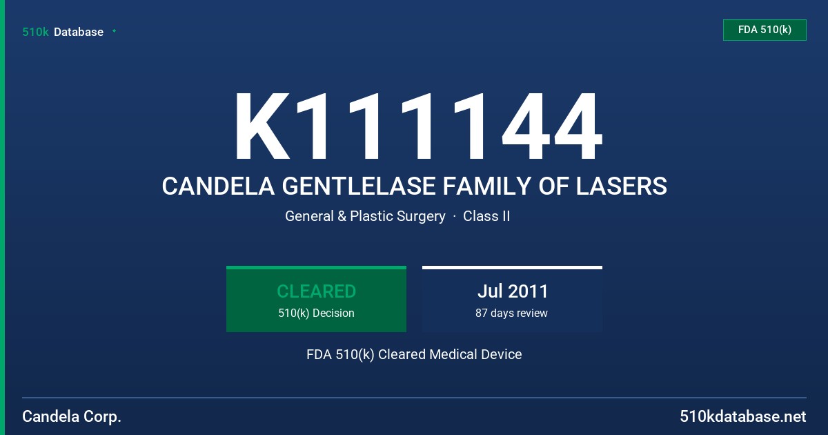 K111144 CANDELA GENTLELASE FAMILY OF LASERS FDA 510(k) Cleared Medical Device