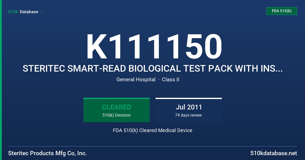 K111150 STERITEC SMART-READ BIOLOGICAL TEST PACK WITH INSTANT READOUT INTEGRATOR FDA 510(k) Cleared Medical Device