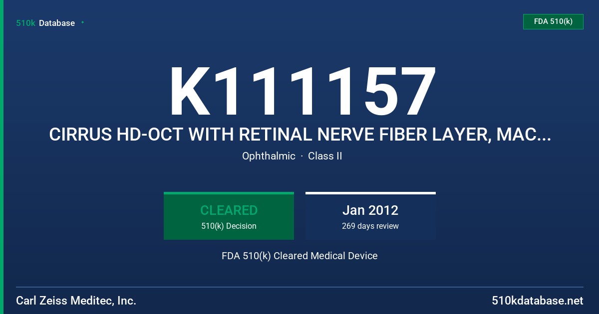 K111157 CIRRUS HD-OCT WITH RETINAL NERVE FIBER LAYER, MACULAR, OPTIC NERVE HEAD, and GANGLION CELL NORMATIVE DATABASES FDA 510(k) Cleared Medical Device