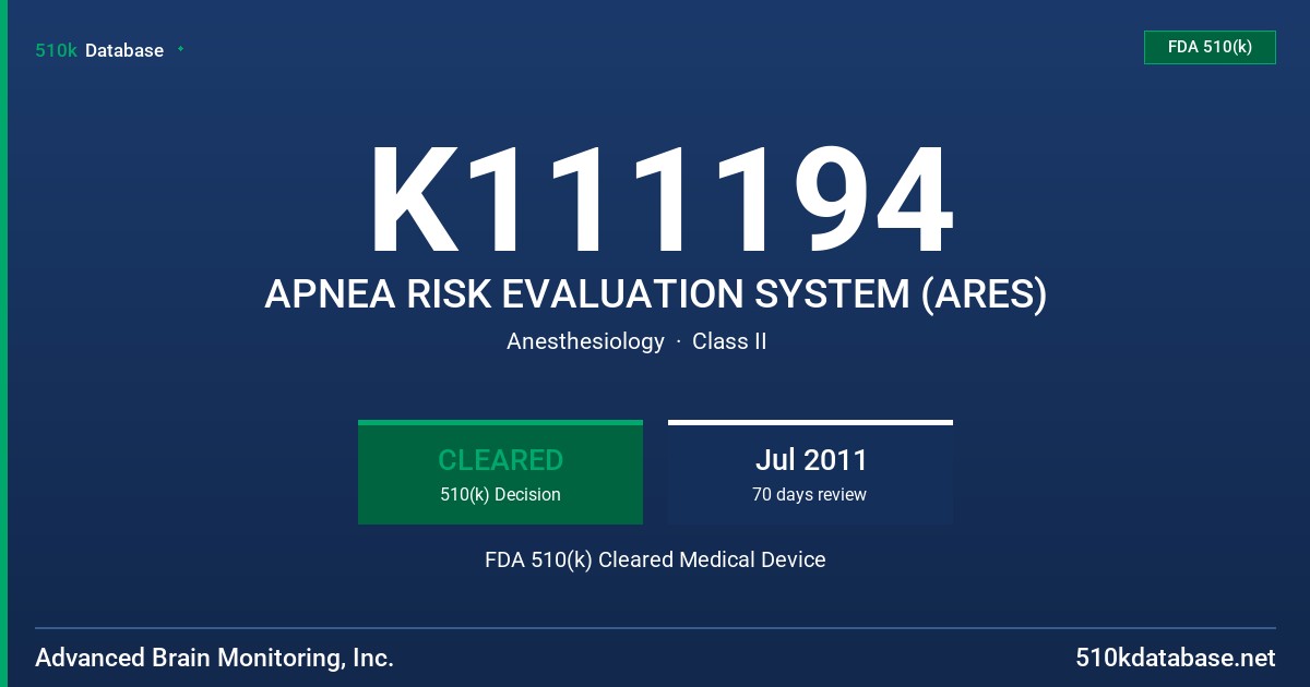 K111194 APNEA RISK EVALUATION SYSTEM (ARES) FDA 510(k) Cleared Medical Device