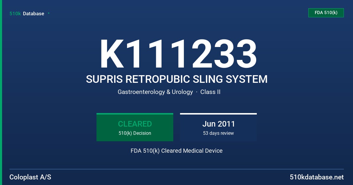 K111233 SUPRIS RETROPUBIC SLING SYSTEM FDA 510(k) Cleared Medical Device