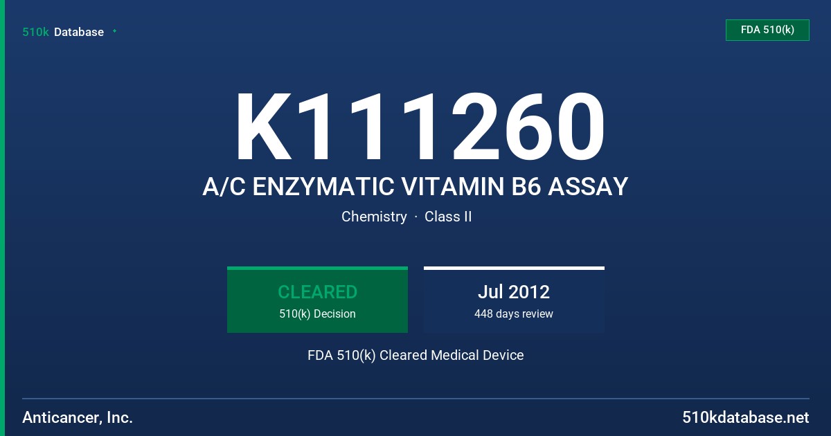 K111260 A/C ENZYMATIC VITAMIN B6 ASSAY FDA 510(k) Cleared Medical Device