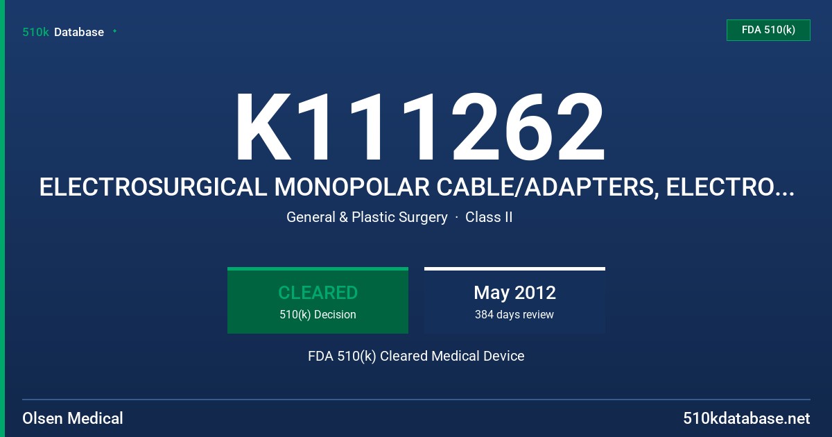 K111262 ELECTROSURGICAL MONOPOLAR CABLE/ADAPTERS, ELECTROSURGICAL BIPOLAR CABLE/ ADAPTERS, BIPOLAR ELECTROSURGICAL CABLES, MONOP FDA 510(k) Cleared Medical Device