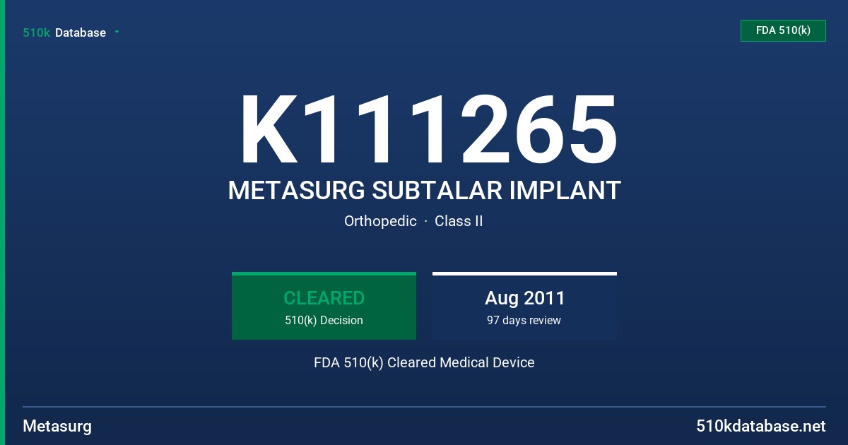 K111265 METASURG SUBTALAR IMPLANT FDA 510(k) Cleared Medical Device