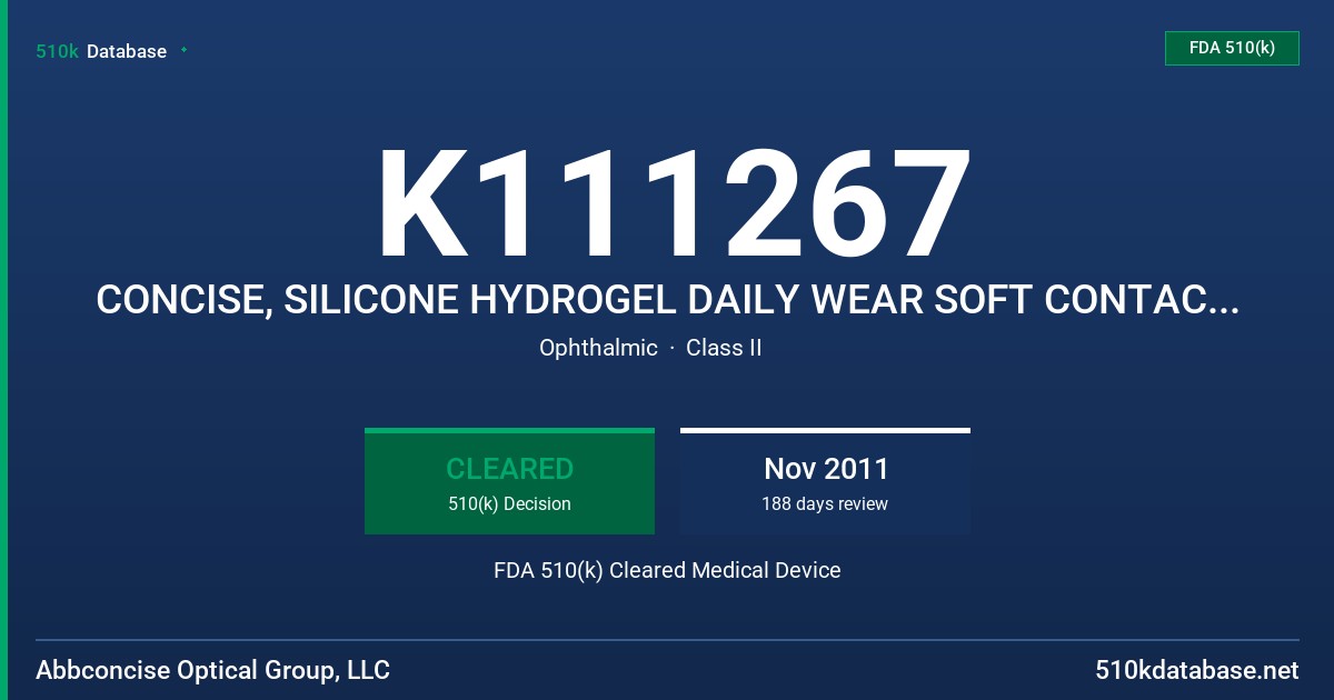 K111267 CONCISE, SILICONE HYDROGEL DAILY WEAR SOFT CONTACT LENS (EFROFILCON A) FDA 510(k) Cleared Medical Device