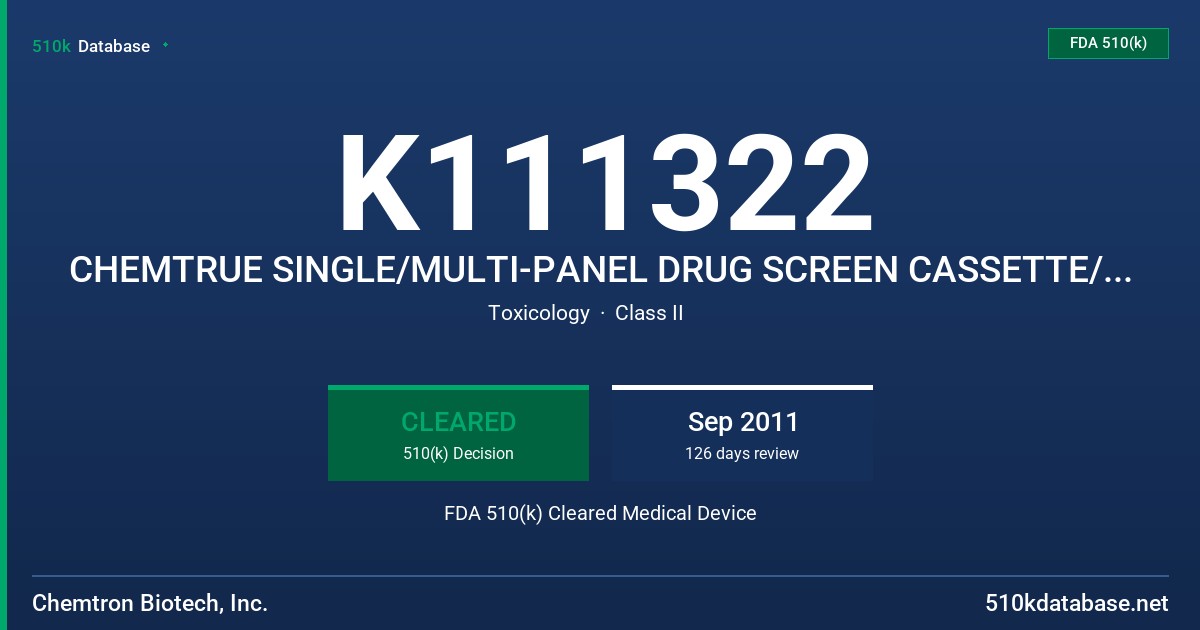 K111322 CHEMTRUE SINGLE/MULTI-PANEL DRUG SCREEN CASSETTE/DIPCARD FDA 510(k) Cleared Medical Device