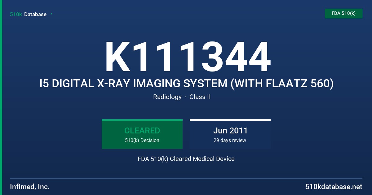 K111344 I5 DIGITAL X-RAY IMAGING SYSTEM (WITH FLAATZ 560) FDA 510(k) Cleared Medical Device