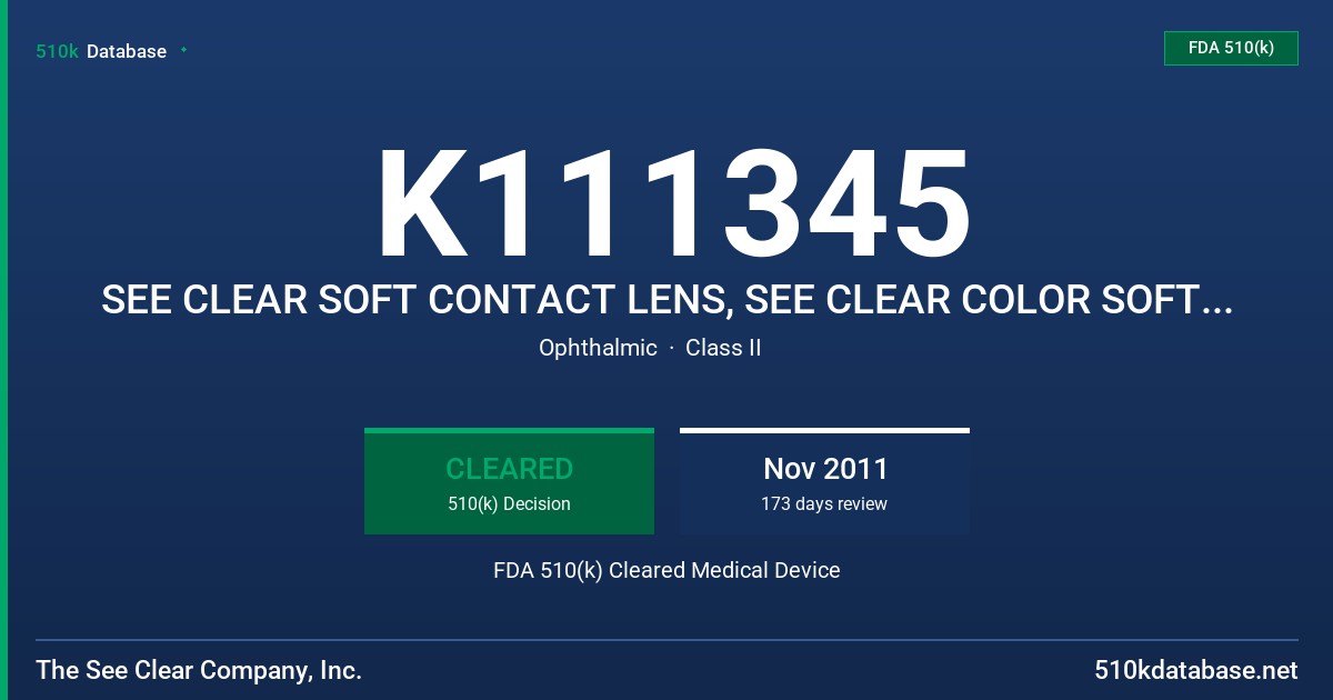K111345 SEE CLEAR SOFT CONTACT LENS, SEE CLEAR COLOR SOFT CONTACT LENS, FIERCE SOFT CONTACT LENS FDA 510(k) Cleared Medical Device