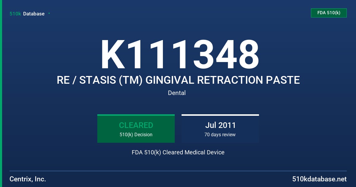 K111348 RE / STASIS (TM) GINGIVAL RETRACTION PASTE FDA 510(k) Cleared Medical Device