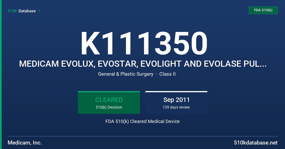 K111350 MEDICAM EVOLUX, EVOSTAR, EVOLIGHT AND EVOLASE PULSED LIGHT SYSTEM FDA 510(k) Cleared Medical Device