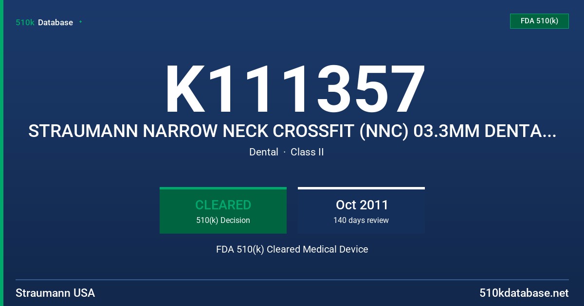 K111357 STRAUMANN NARROW NECK CROSSFIT (NNC) 03.3MM DENTAL IMPLANT SYSTEM FDA 510(k) Cleared Medical Device