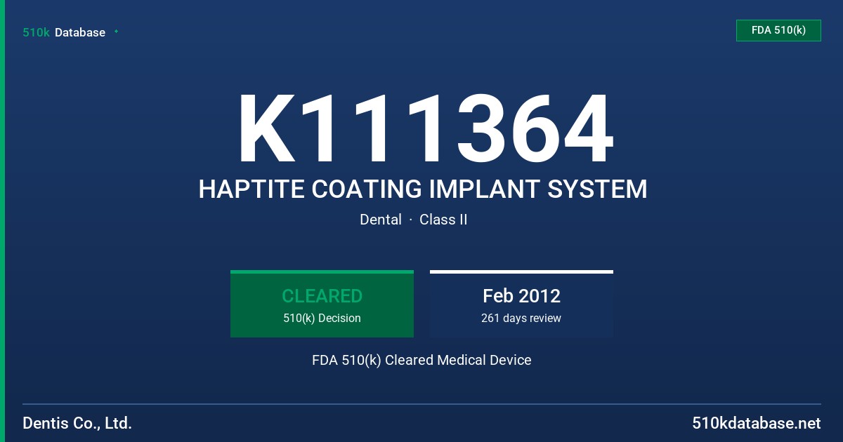 K111364 HAPTITE COATING IMPLANT SYSTEM FDA 510(k) Cleared Medical Device