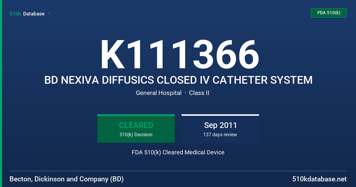K111366 BD NEXIVA DIFFUSICS CLOSED IV CATHETER SYSTEM FDA 510(k) Cleared Medical Device