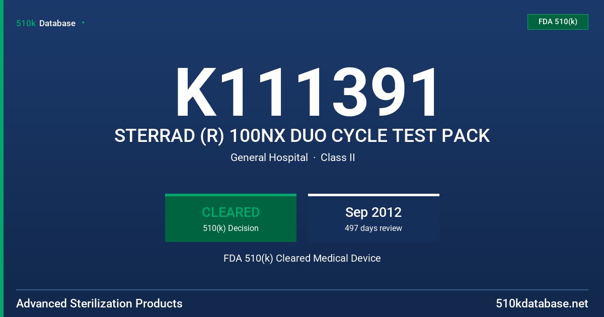 K111391 STERRAD (R) 100NX DUO CYCLE TEST PACK FDA 510(k) Cleared Medical Device