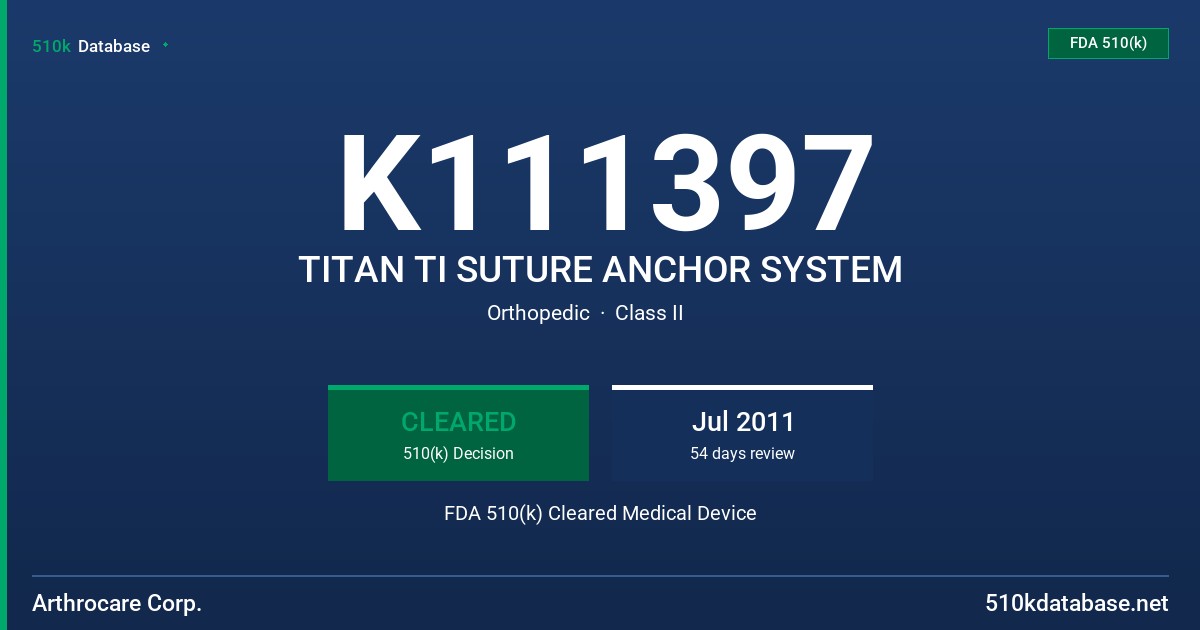 K111397 TITAN TI SUTURE ANCHOR SYSTEM FDA 510(k) Cleared Medical Device
