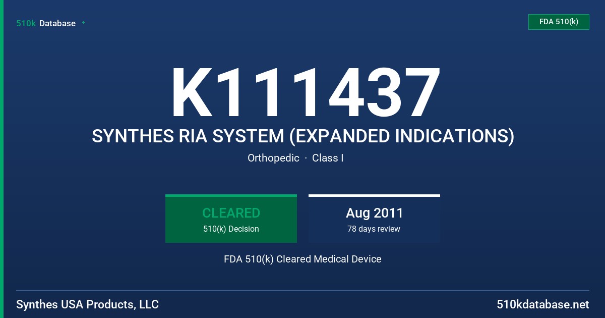 K111437 SYNTHES RIA SYSTEM (EXPANDED INDICATIONS) FDA 510(k) Cleared Medical Device