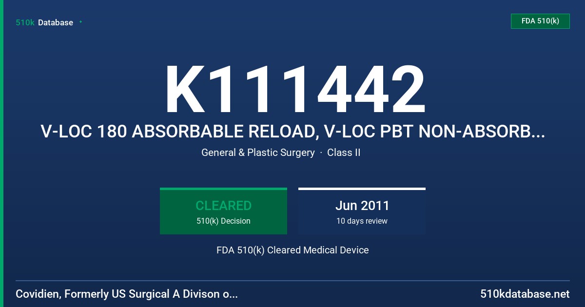 K111442 V-LOC 180 ABSORBABLE RELOAD, V-LOC PBT NON-ABSORBABLE RELOAD, ENDO STITCH (TM) ENDOSCOPIC SUTURING DEVICE, SILS (TM)... FDA 510(k) Cleared Medical Device