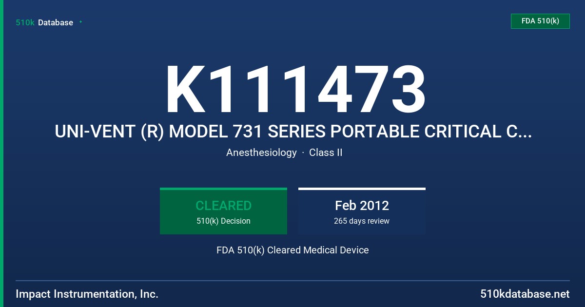 K111473 UNI-VENT (R) MODEL 731 SERIES PORTABLE CRITICAL CARE VENTILATOR FDA 510(k) Cleared Medical Device