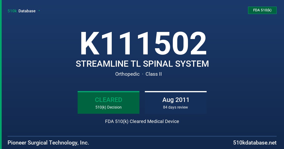 K111502 STREAMLINE TL SPINAL SYSTEM FDA 510(k) Cleared Medical Device