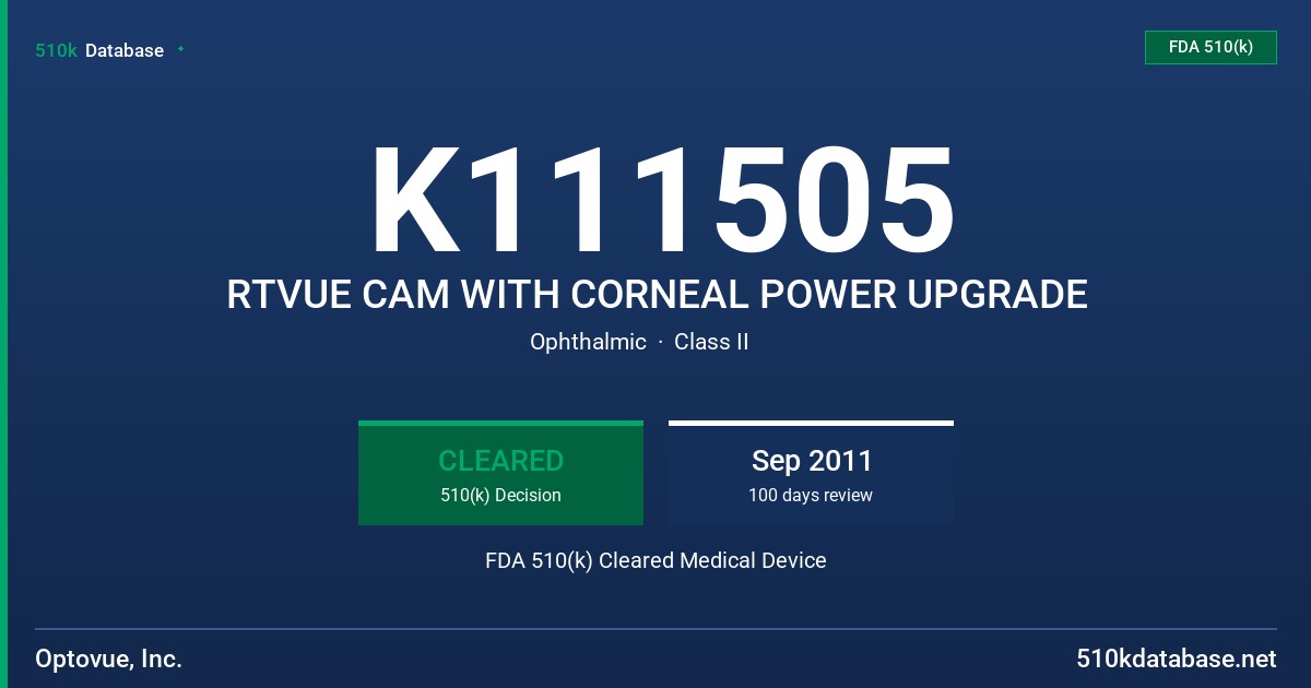 K111505 RTVUE CAM WITH CORNEAL POWER UPGRADE FDA 510(k) Cleared Medical Device