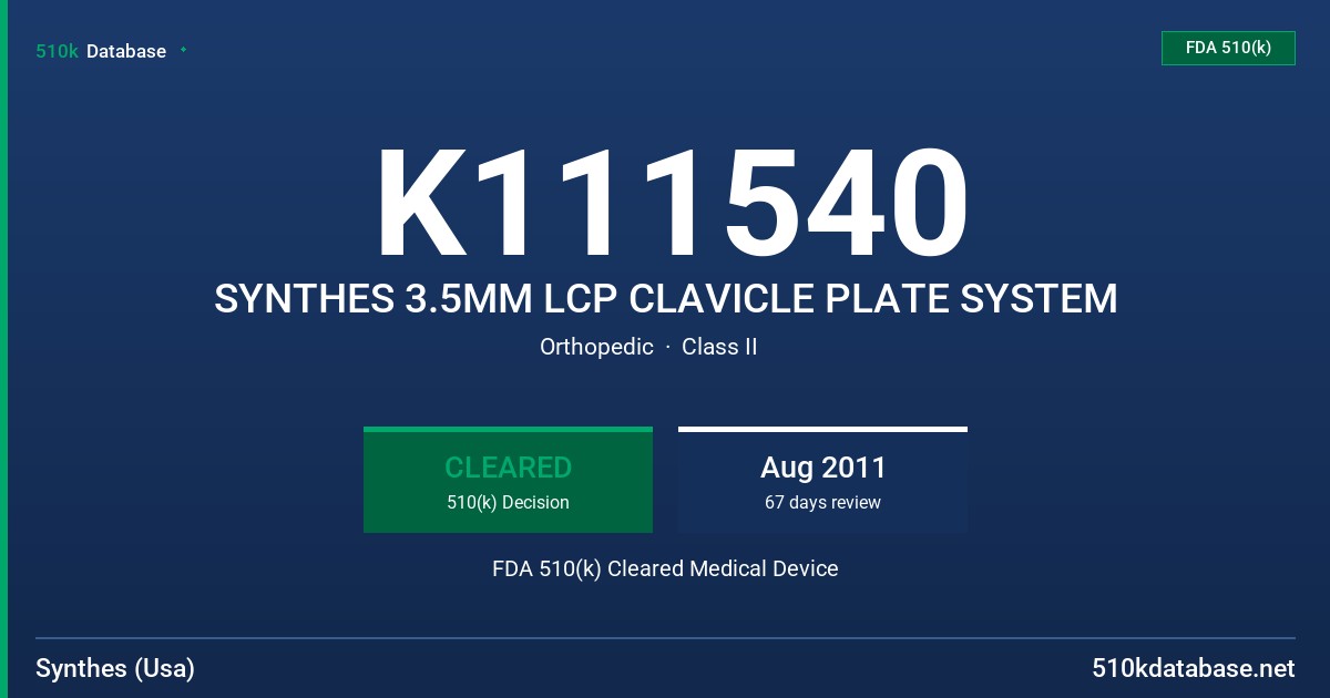 K111540 SYNTHES 3.5MM LCP CLAVICLE PLATE SYSTEM FDA 510(k) Cleared Medical Device