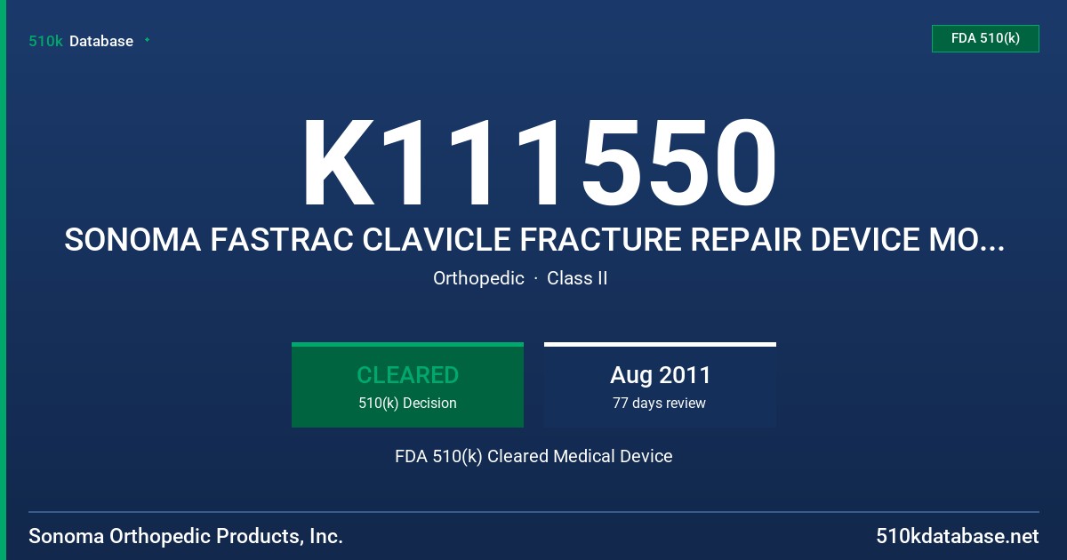 K111550 SONOMA FASTRAC CLAVICLE FRACTURE REPAIR DEVICE MODEL SONOMA FASTRAC XXYYY(X=DIA, YYY=LENGTH- IN MM) FDA 510(k) Cleared Medical Device